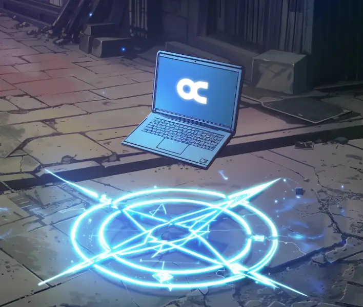 魔法陣の上に浮かぶラップトップパソコンのイメージ画像